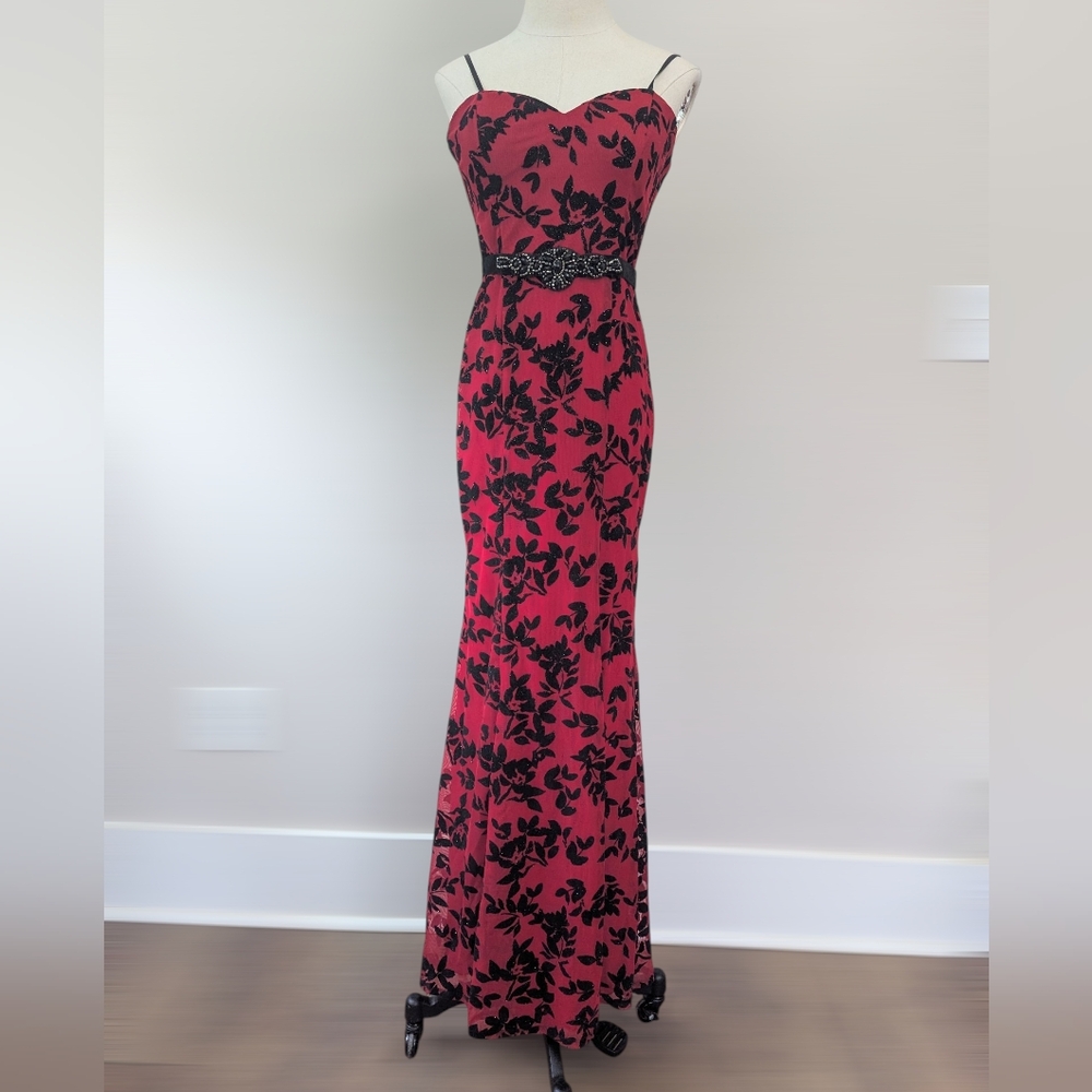Vintage Y2K City Triangles Whimsigoth Red Burnout Mesh Floral Evening Gown
